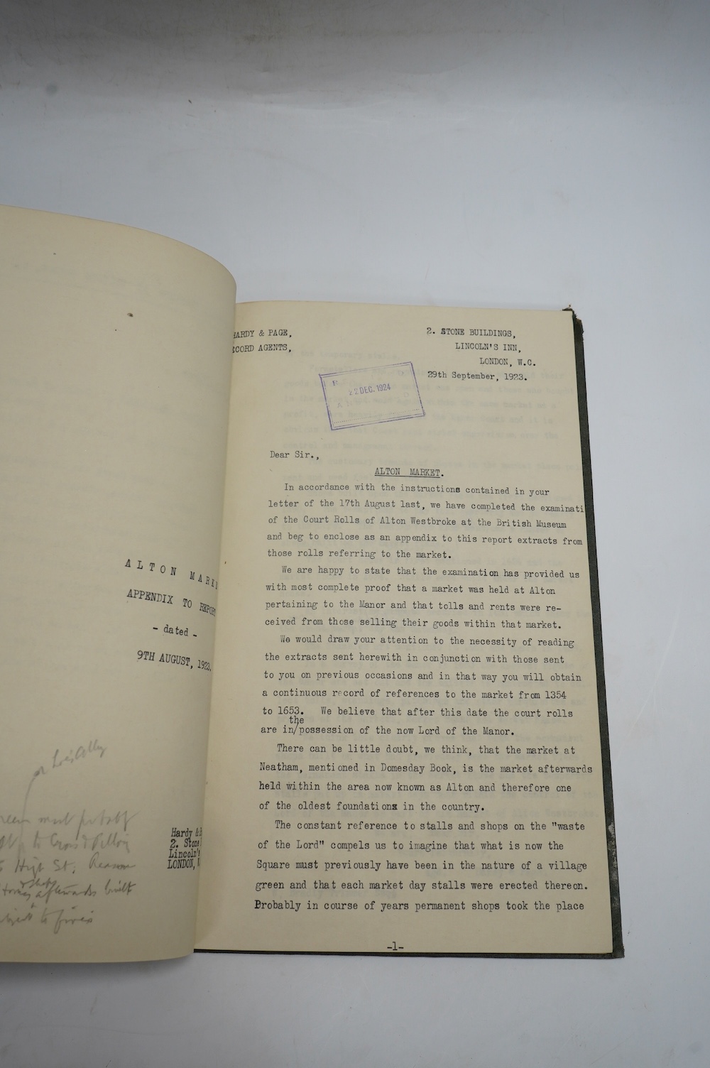[Alton Market] - Hardy & Page (Record Agents) A Report on Court Rolls and Other Documents relating to the Market. 66 typescript folios (rectos only), some pencilled amendments, 3 photos. (possibly contemp.) and a relevan